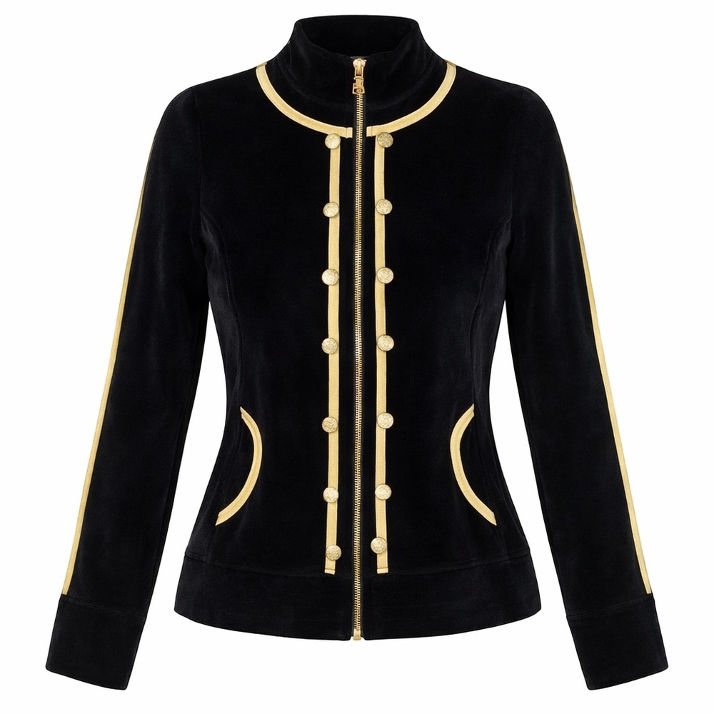 BCBG Max Azria Black Velour Track Jacket Gold Trim Military Style M Preowned
